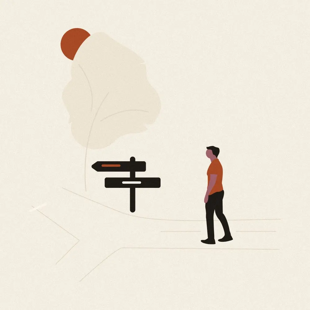 Hand-drawn sketch of a person standing at a signpost where the road splits into several directions