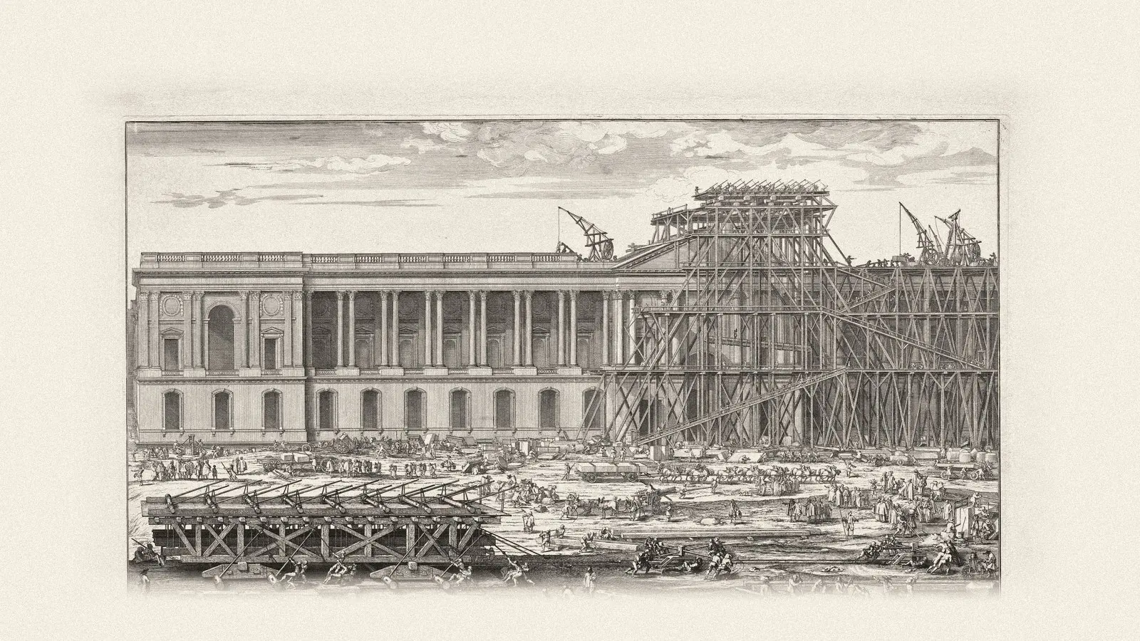 An old engraving of the Louvre in 1677, with part of the building wrapped in wooden scaffolding