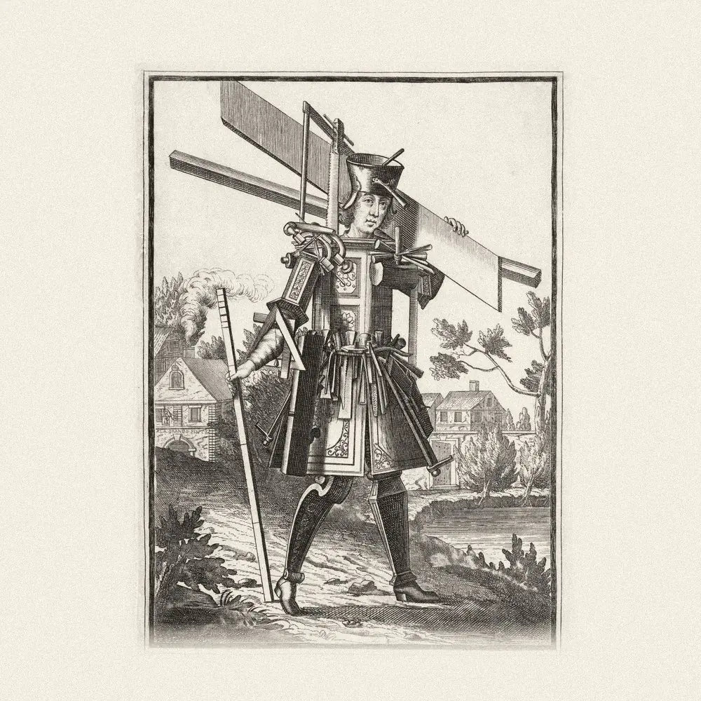 A 1690s engraving of a carpenter whose whole body is built from saws, planes, chisels and other carpenter's tools