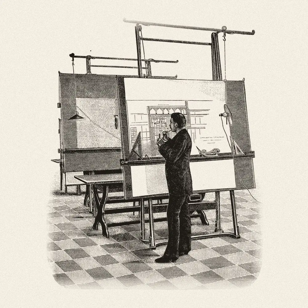 1893 engraving of an architect standing at his drawing boards, studying a large technical drawing