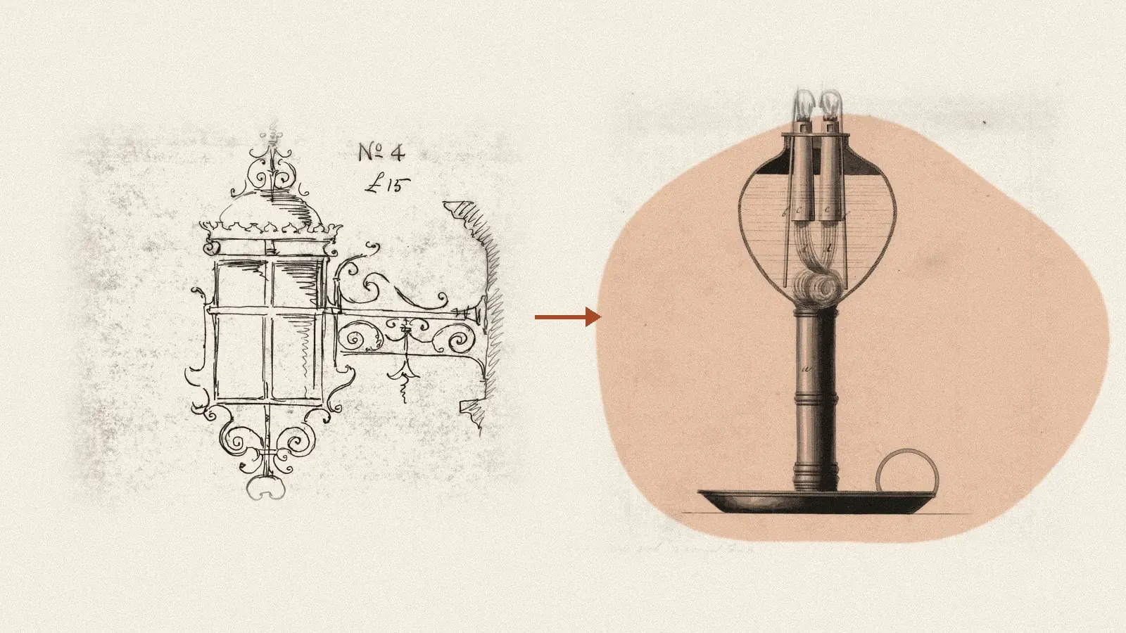 An old hand-drawn lamp sketch on the left, an arrow, and a clean engraved lamp patent drawing on the right