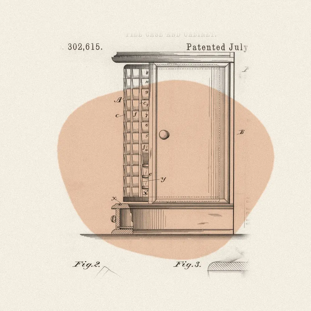 A patent drawing from 1884 of a wooden file case and cabinet with many small drawers