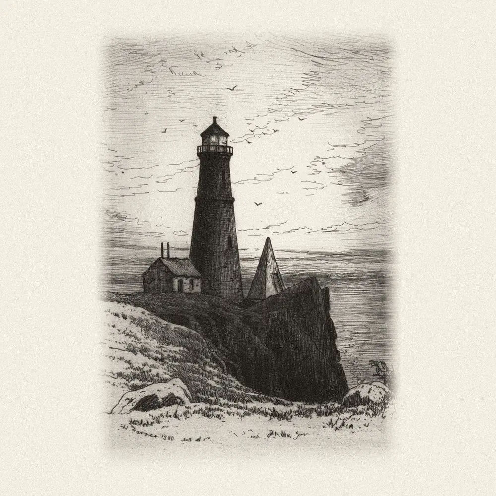 Etching of a lighthouse standing on a rocky cliff above the sea