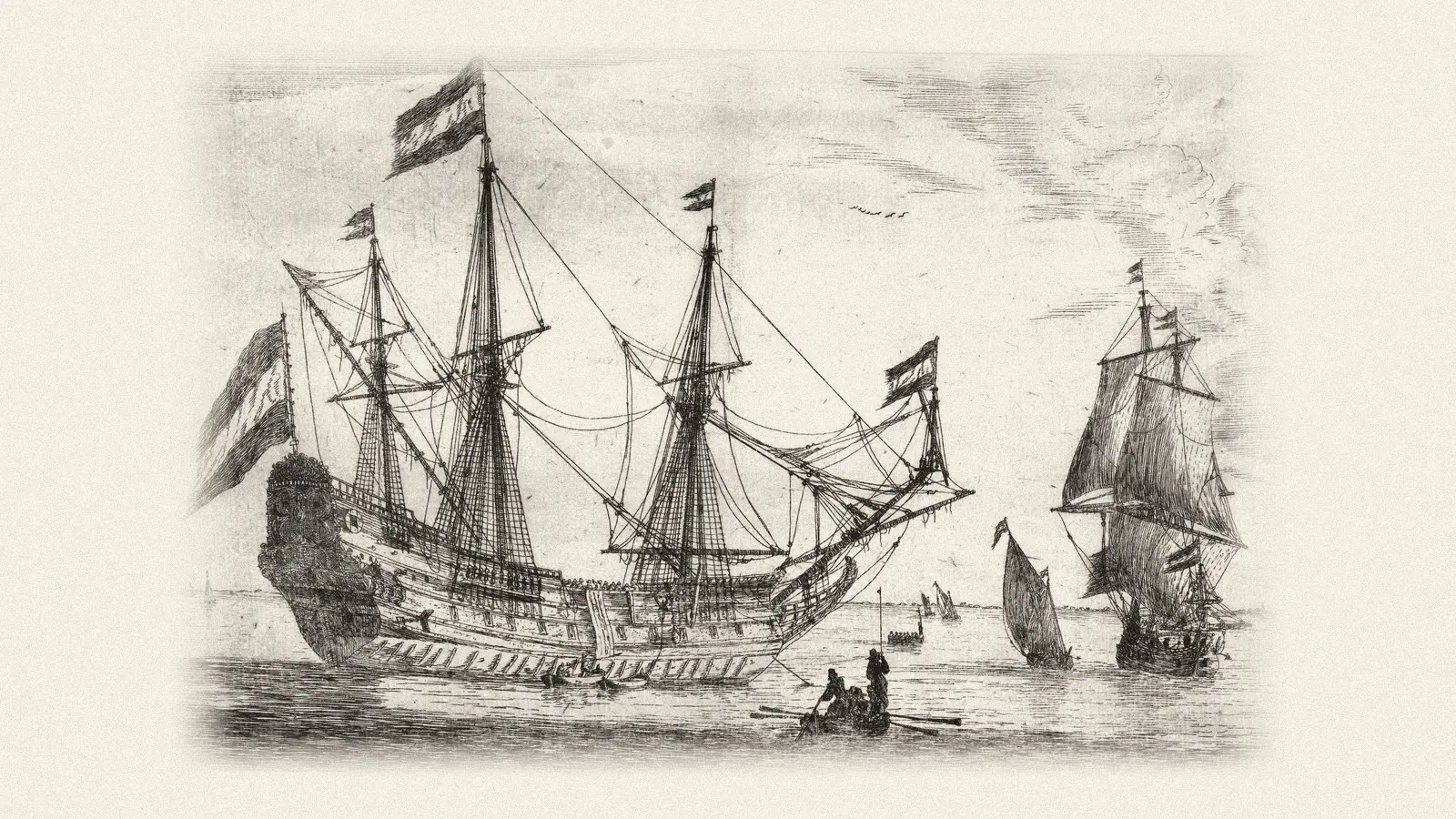 Etching of a sailing ship with full sails on open water